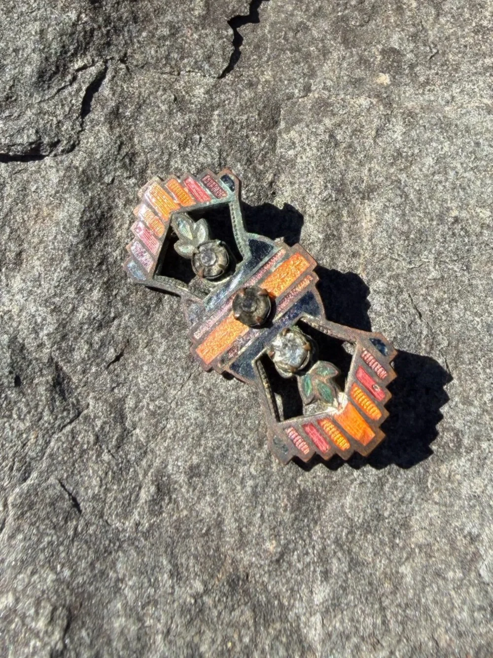 Vintage Art Deco Orange Enamel Rhinestone Fan Brooch - Picture 6 of 9